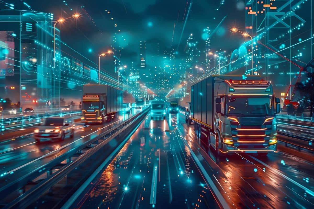 Futuristic city scene with illuminated, dynamic traffic on a modern highway at night, showcasing advanced digital overlays and vibrant lights.