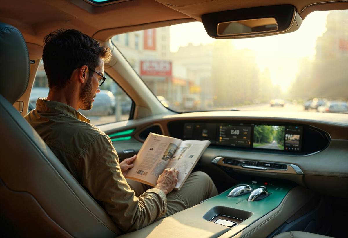 Man reading a newspaper in the passenger seat of a self-driving car.