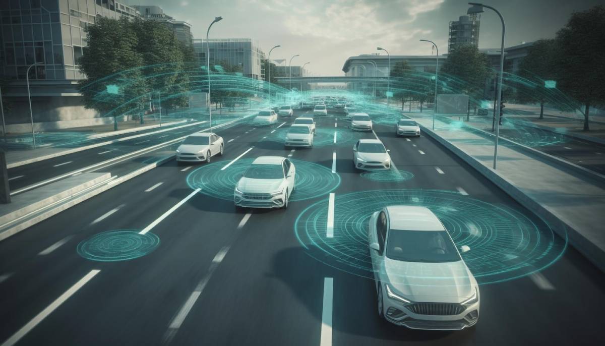 Illustration of multiple cars on a road with visible digital connectivity symbols and wave patterns highlighting advanced vehicle technology.