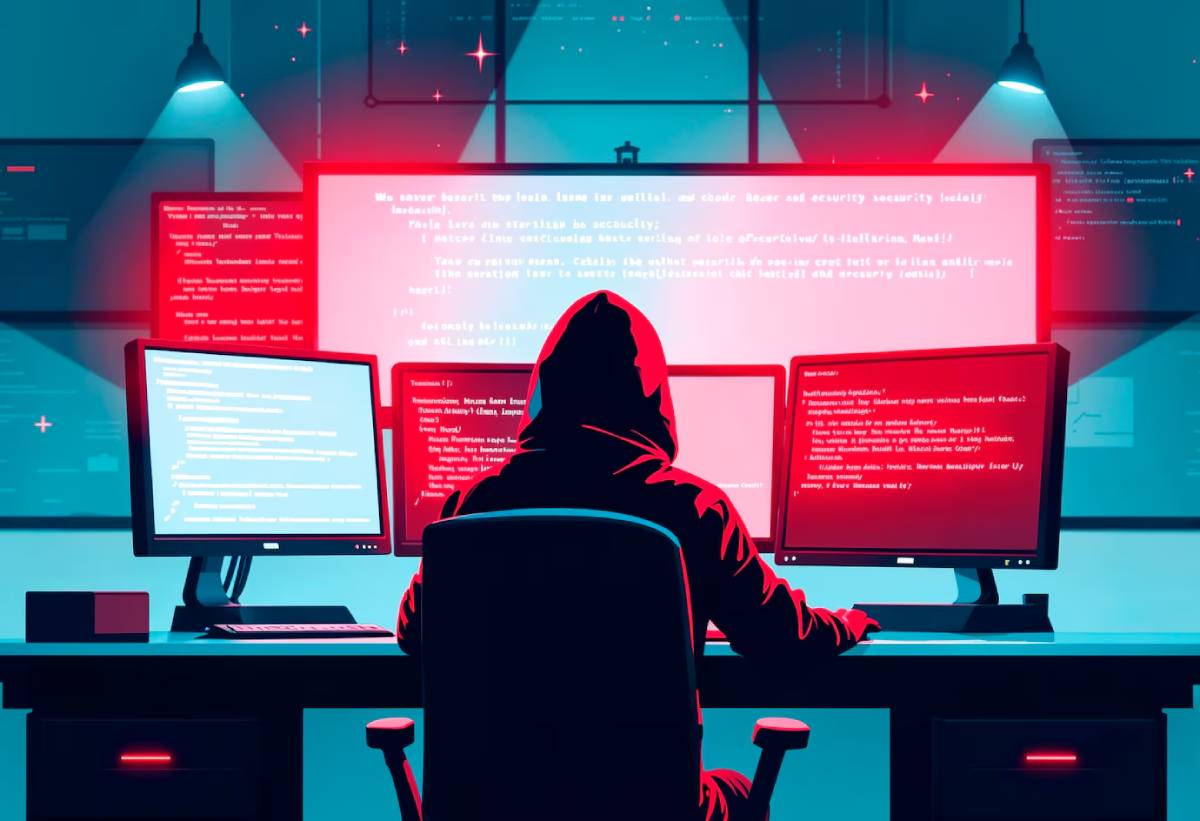 Hooded figure sitting in front of multiple computer screens with red and blue digital graphics, in a dark, tech-focused workspace.