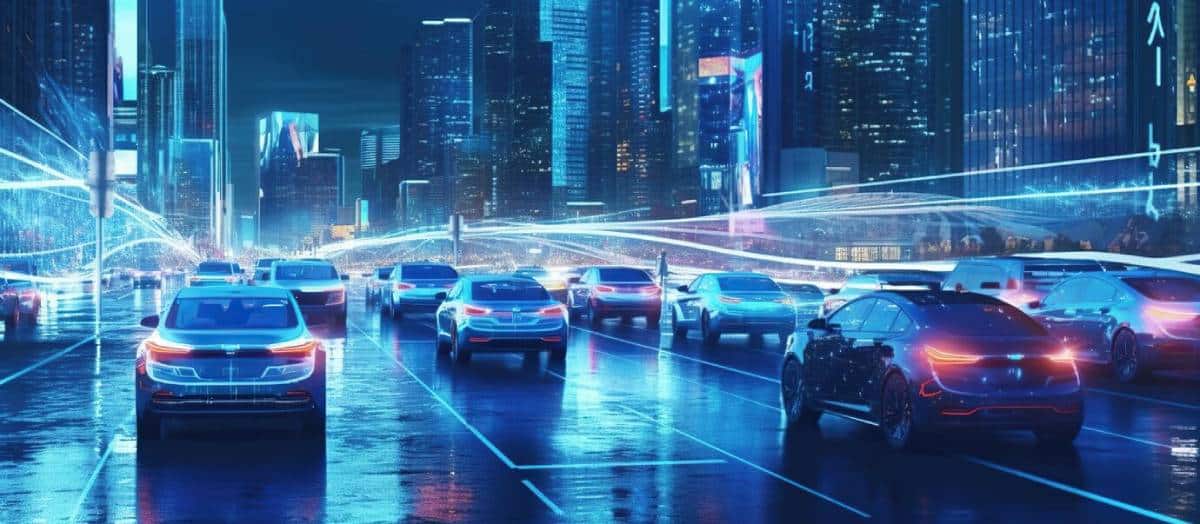 Futuristic city at night with illuminated, autonomous vehicles moving in organized traffic, featuring vibrant digital and neon lights.
