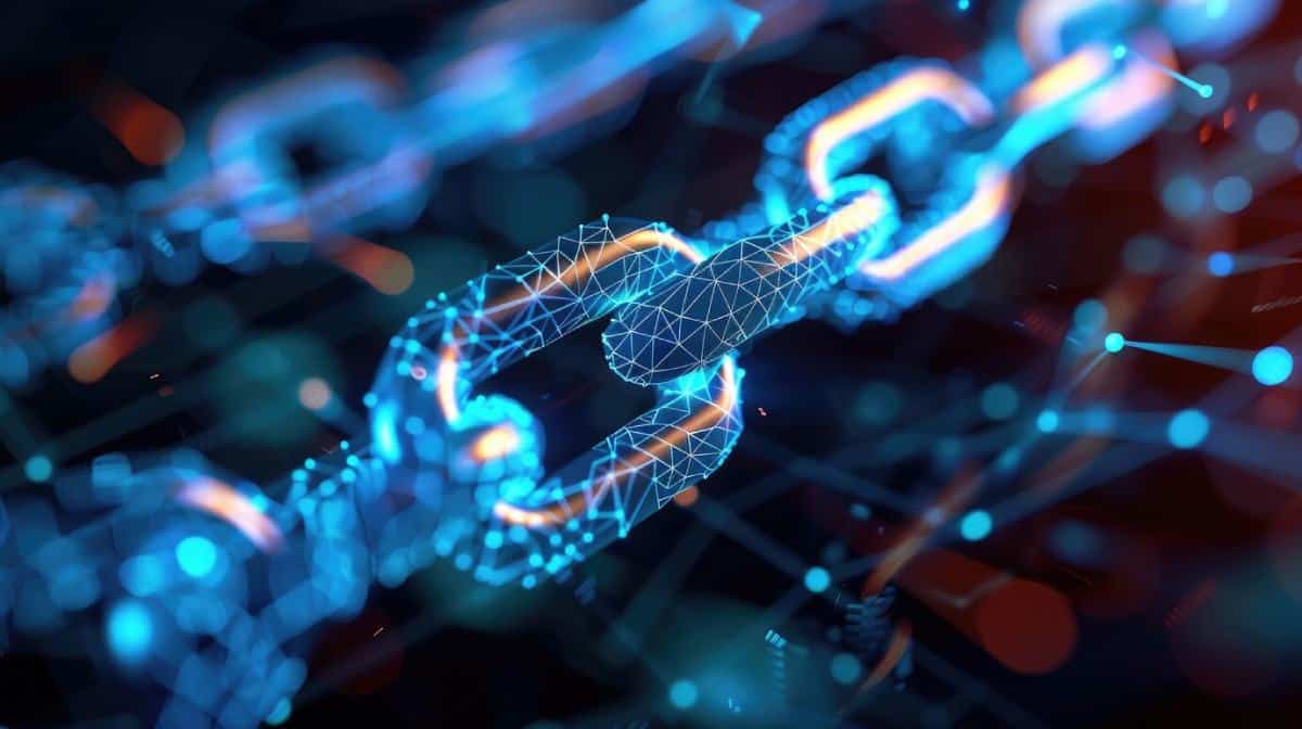 A close-up of a glowing, interconnected digital chain, highlighting futuristic design with blue