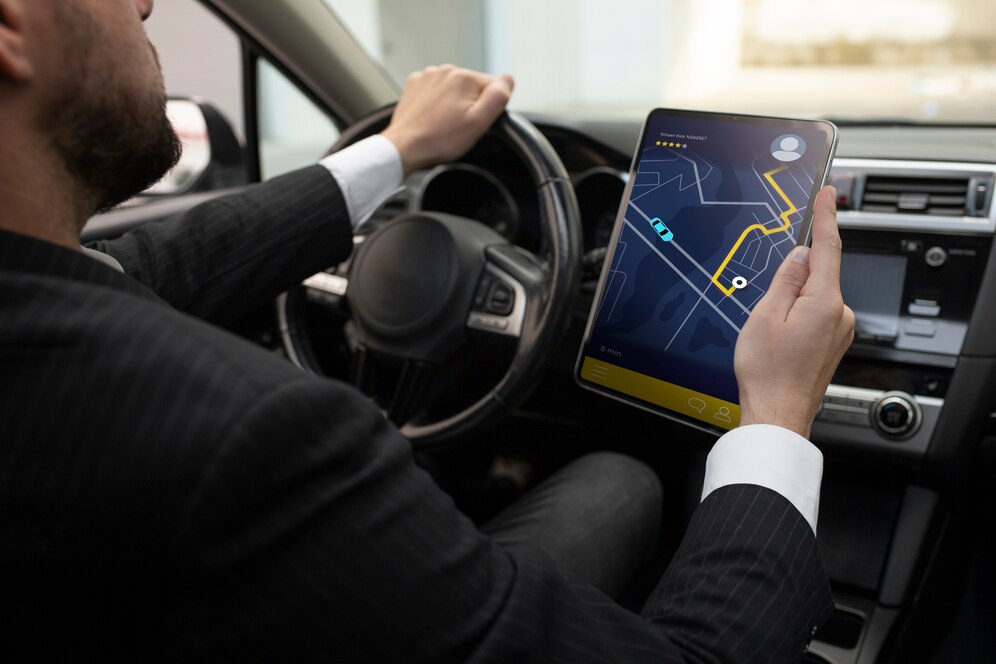 Person driving a car with futuristic digital dashboard displaying various stats and self-driving mode. 